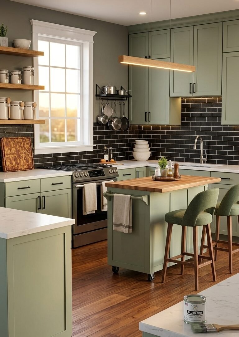 Easy DIY Kitchen Backsplash Ideas: Sage Green & Black Brick Makeover