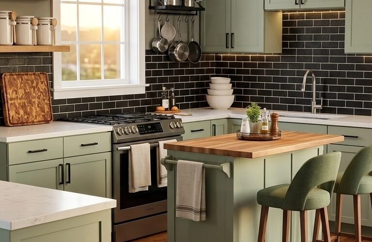 Easy DIY Kitchen Backsplash Ideas: Sage Green & Black Brick Makeover