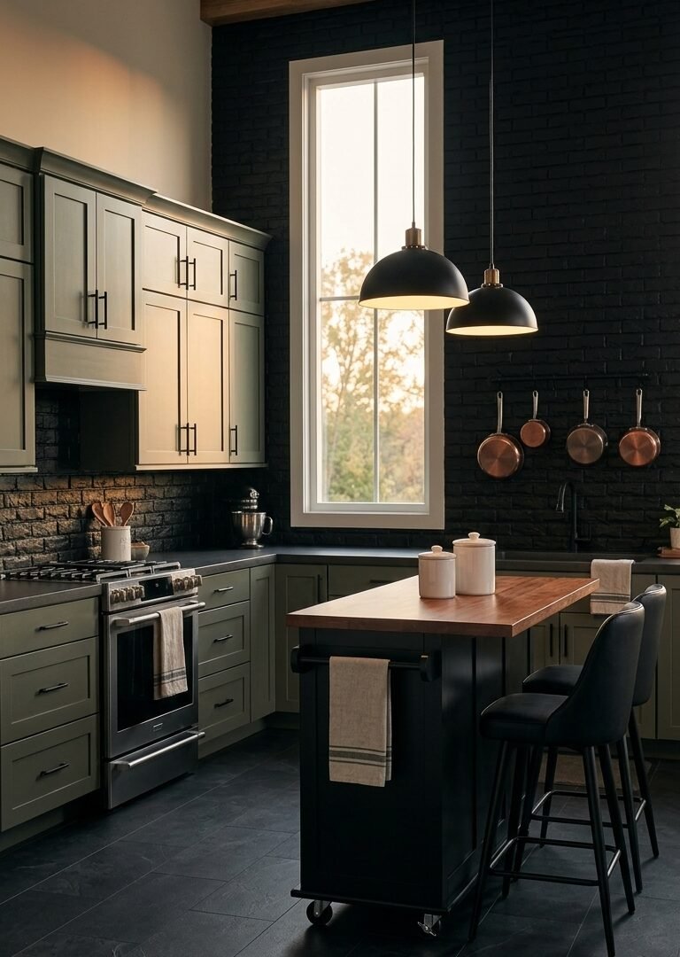 Farmhouse Kitchen Backsplash Ideas: Black Brick Meets Olive Cabinets