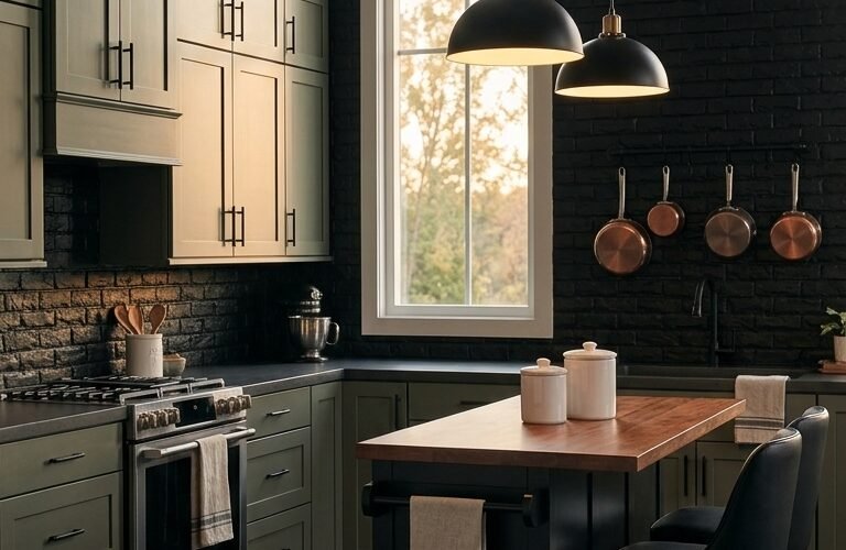 Farmhouse Kitchen Backsplash Ideas: Black Brick Meets Olive Cabinets