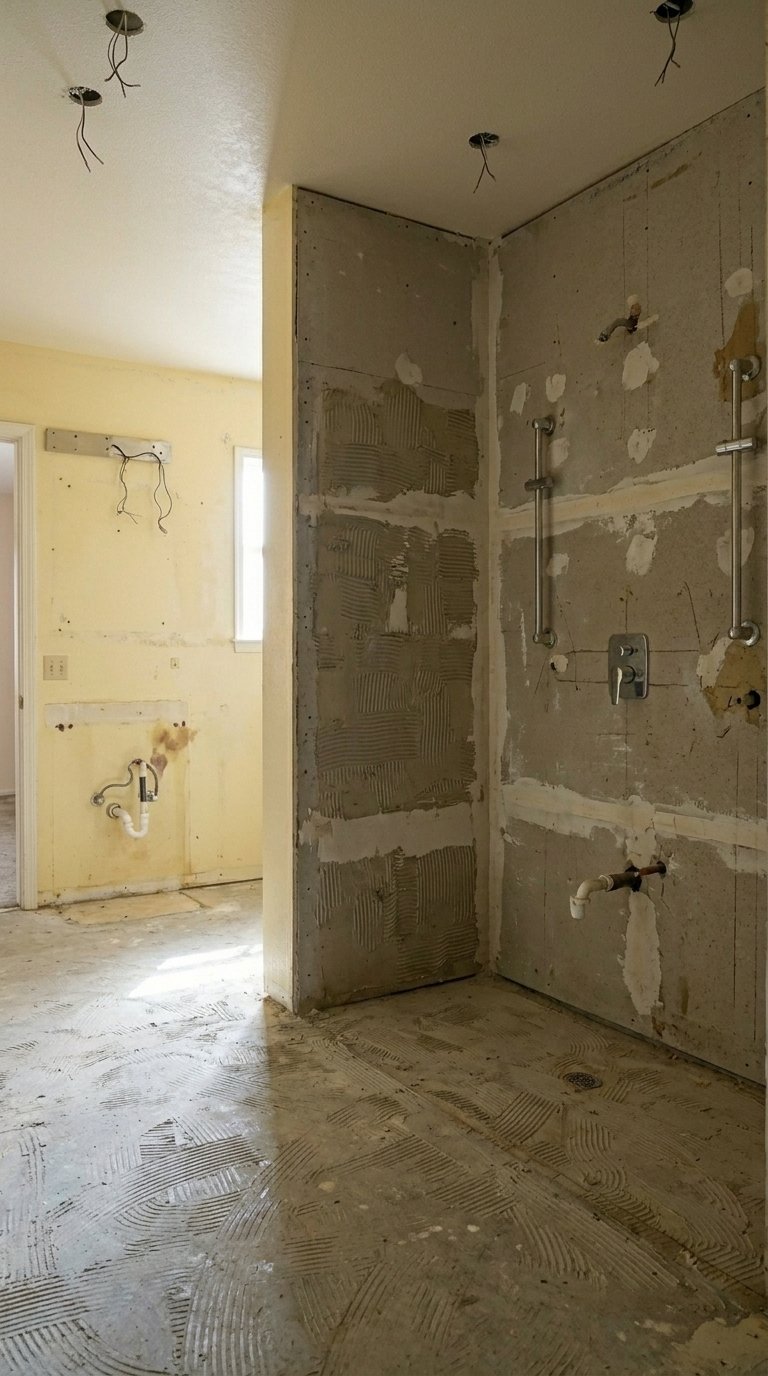 walk in shower ideas on a budget stage 1 demolition bare concrete subfloor