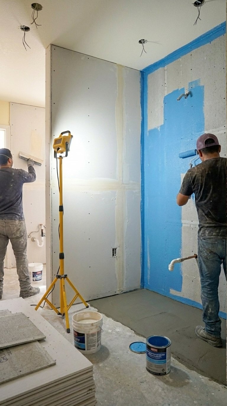 shower waterproofing blue membrane applied to cement board walls