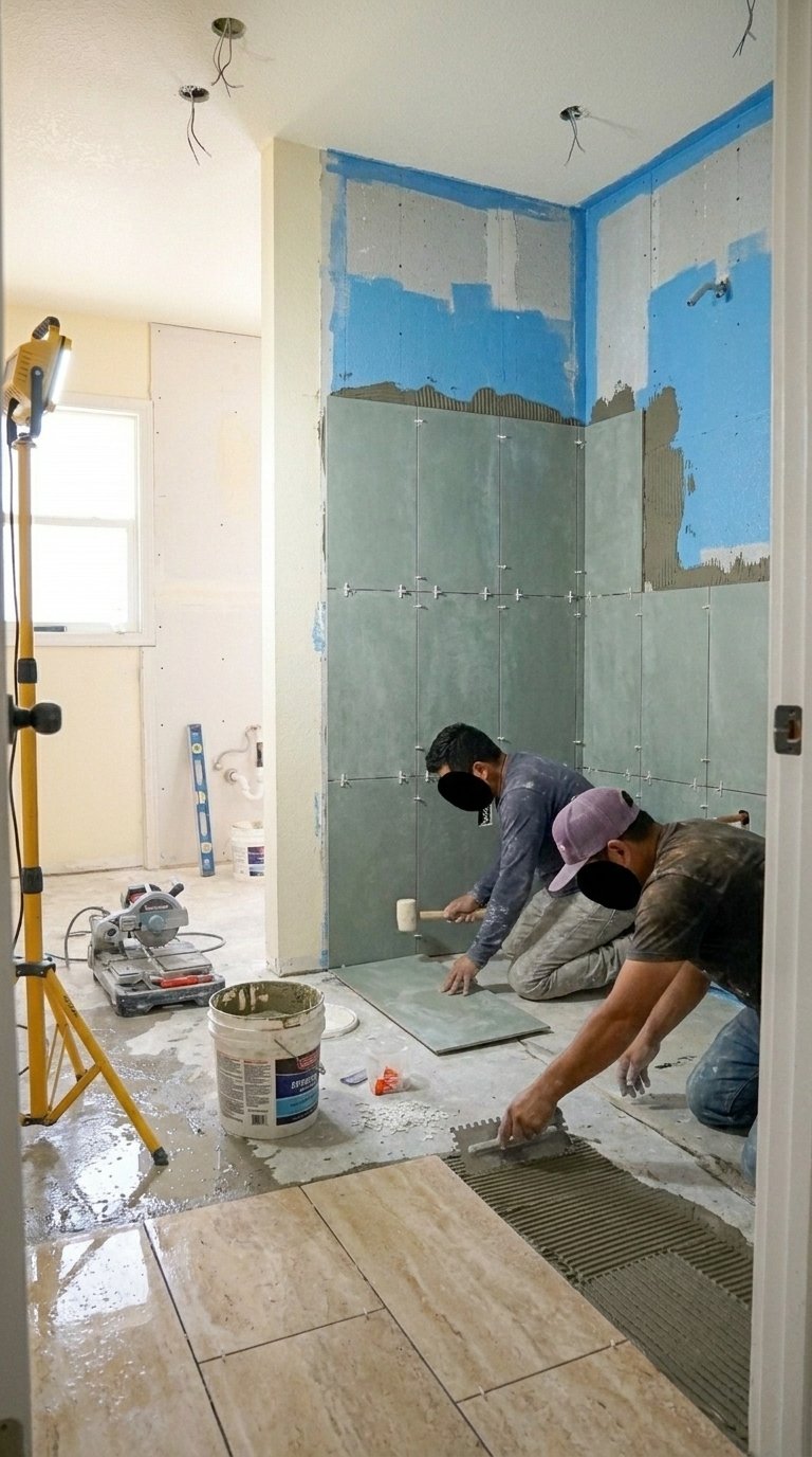 sage green large format tile being installed in walk in shower