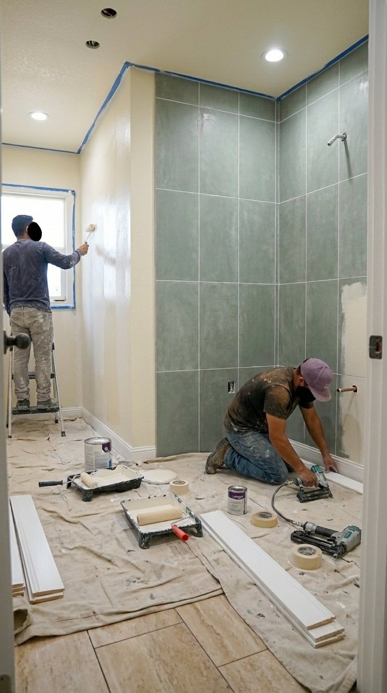 bathroom painting stage soft white walls sage green tile walk in shower