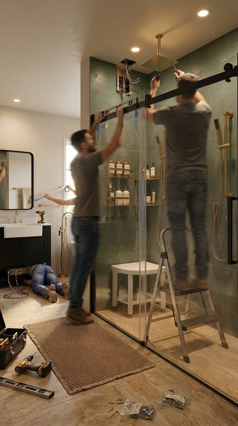fixtures being installed brushed gold rain shower head matte black door walk in shower budget