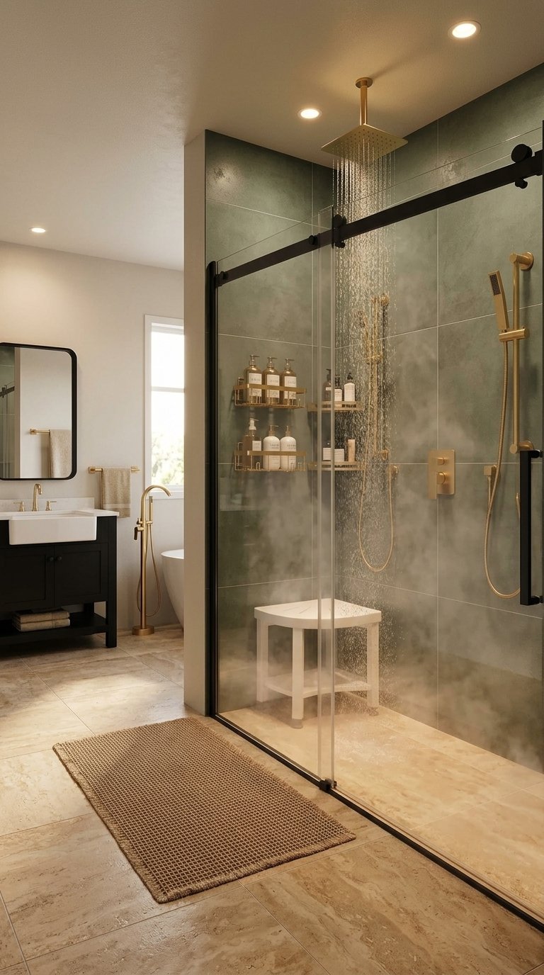completed walk in shower ideas on a budget sage green tile brushed gold fixtures matte black door