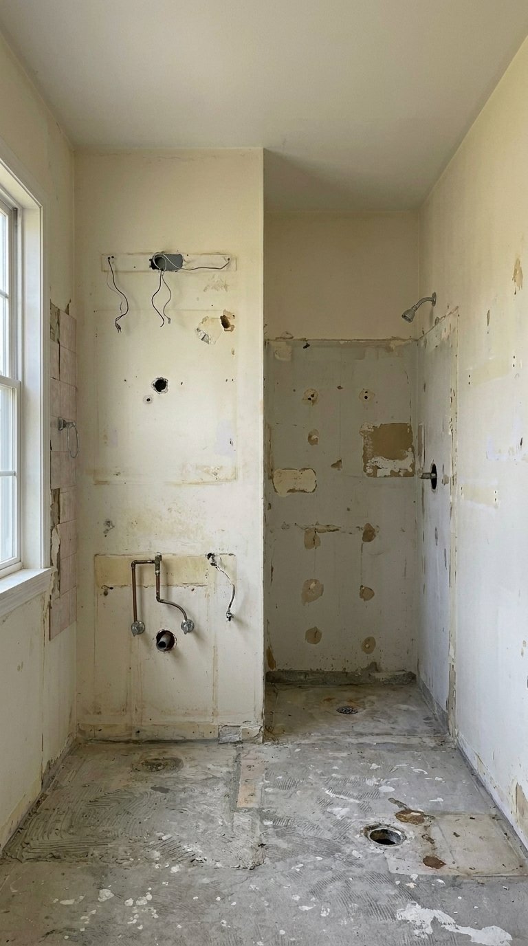 Empty gutted bathroom before renovation begins