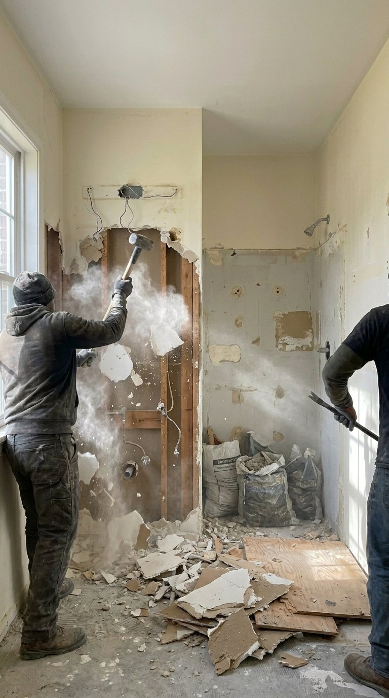 Bathroom demolition with debris and exposed subfloor