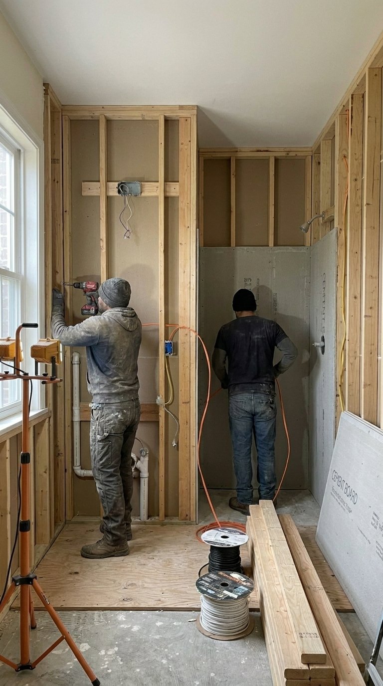 New wall framing and electrical rough-in during bathroom remodel