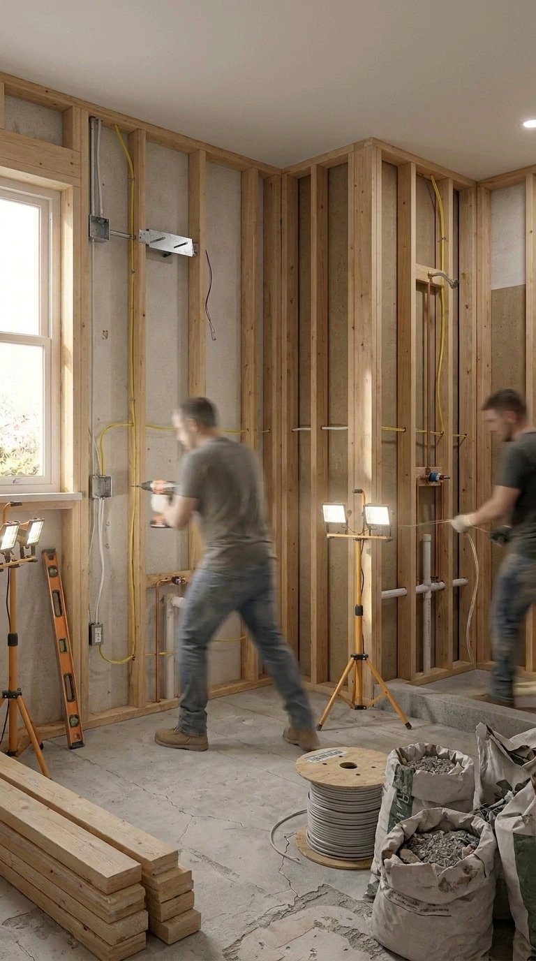 Structural framing stage of the bathroom vanity with sink renovation