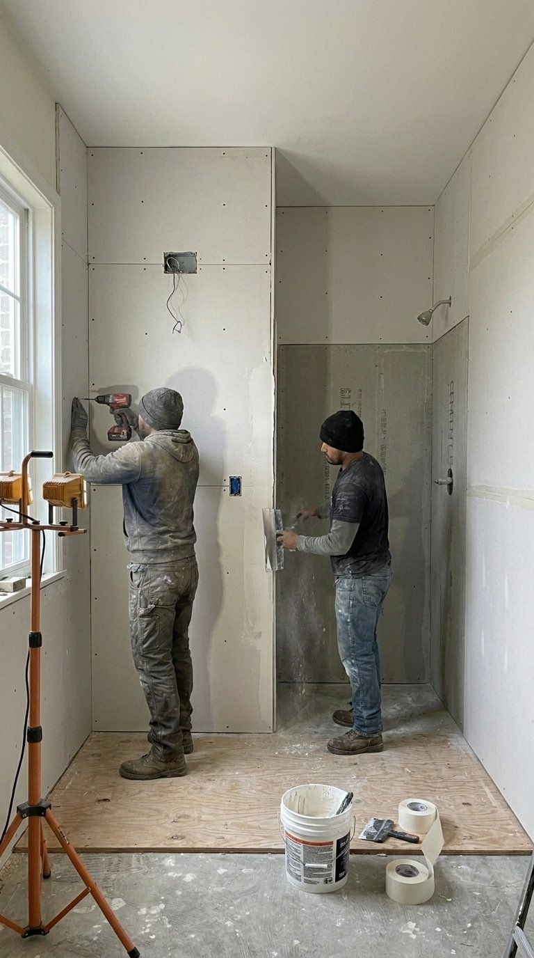 Drywall installation closing up bathroom walls