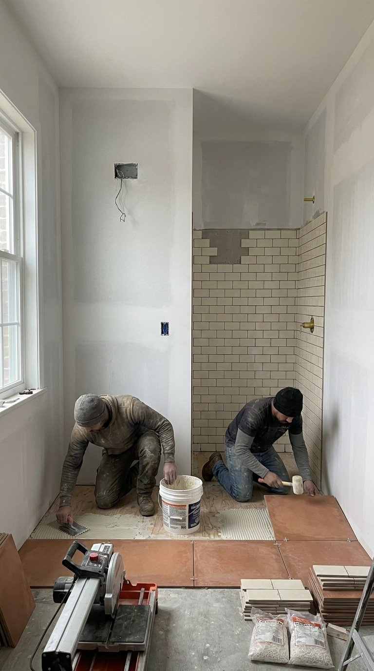 Terracotta tile flooring being installed in bathroom