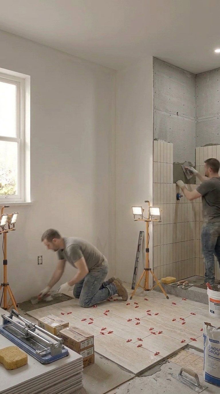 Cream travertine floor tile and subway tile installation stage