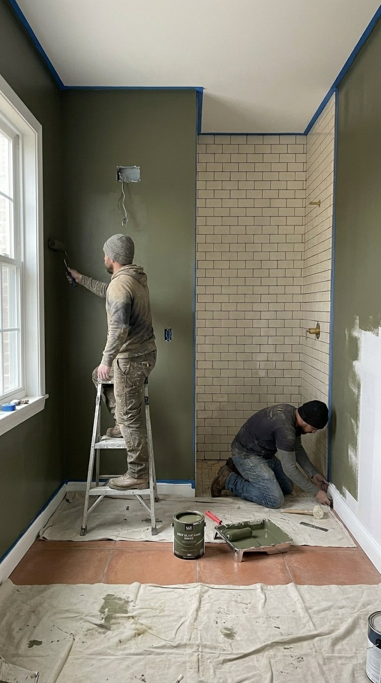 Deep olive green paint being applied to bathroom walls
