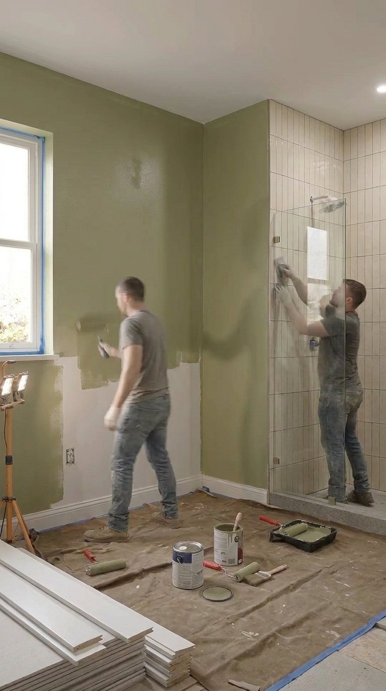 Olive green paint and glass shower install stage