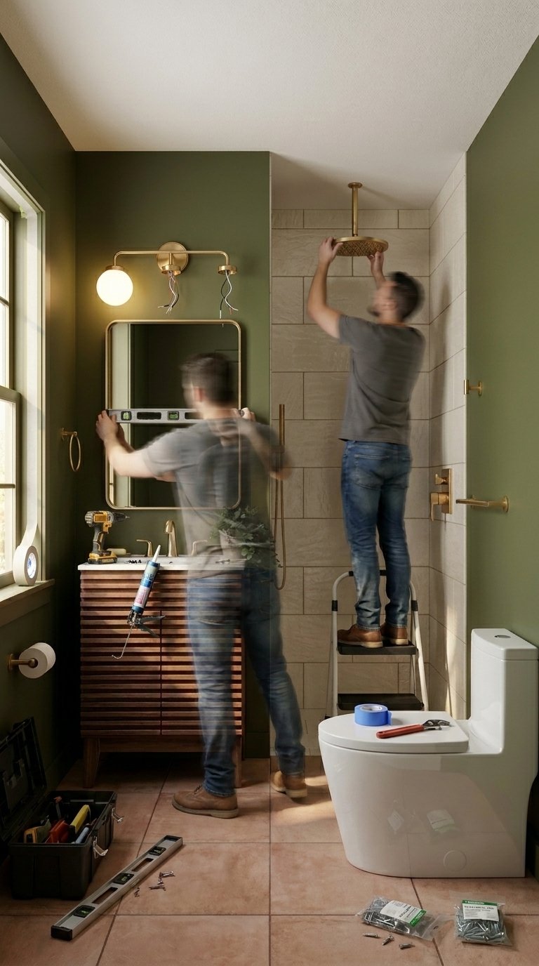 Bathroom fixtures and hardware being installed